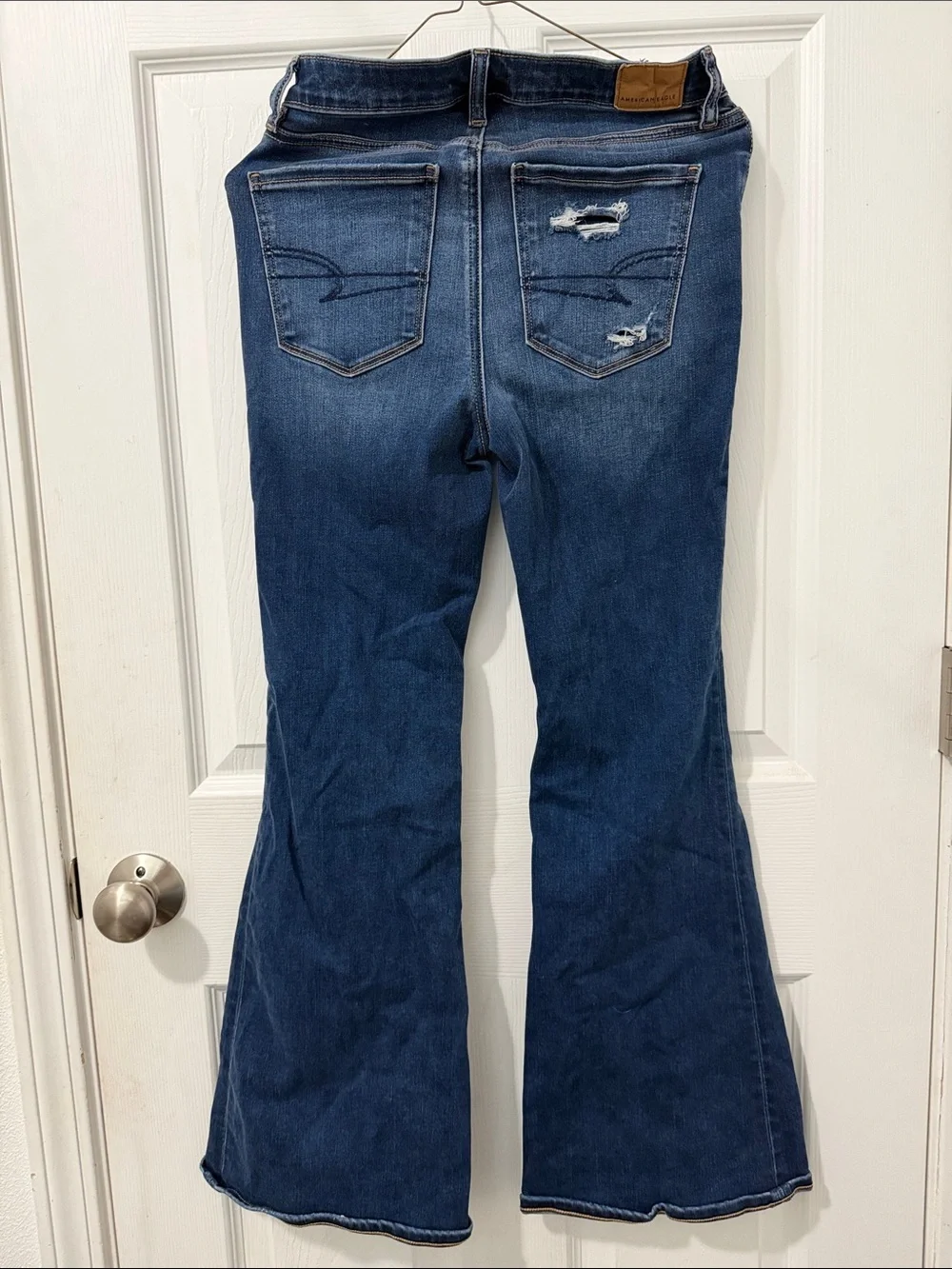American Eagle Outfitters Dark Blue Distressed Super High Rise Flare Jeans 0S - Picture 4 of 6